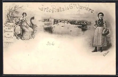 AK Marseille, Fêtes du 25e Centenaire de Marseille, vue du port et personnages en costume traditionnel