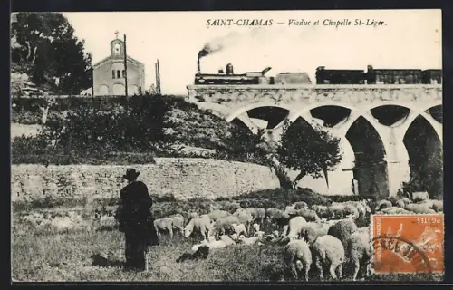 AK Saint-Chamas, Viaduc et Chapelle St-Léger avec troupeau de moutons et train à vapeur