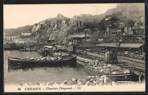 AK L`Estaque, Chantiers Chagnaud avec barges chargées de pierres