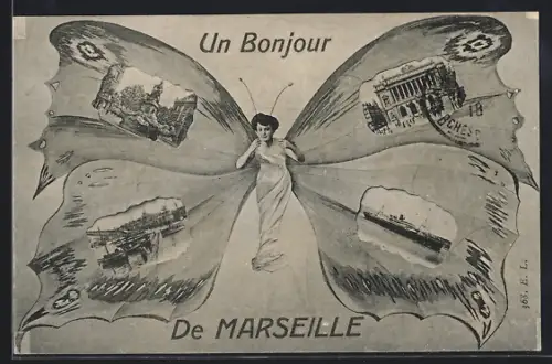 AK Marseille, Un Bonjour de Marseille avec vues intégrées dans les ailes d`un papillon