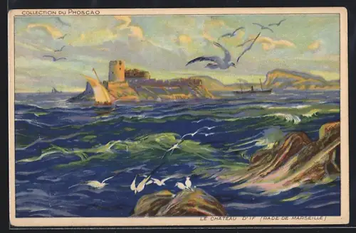 Künstler-AK Marseille, Le Château d`If avec mer agitée et mouettes en vol