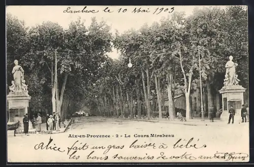 AK Aix-en-Provence, Le Cours Mirabeau avec statues et promeneurs