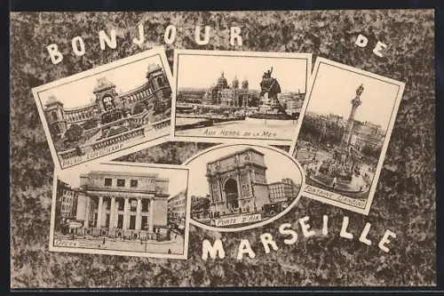 AK Marseille, Collage, Palais Longchamp, Aux Héros de la Mer, Fontaine Cantini, Opéra, Porte d`Aix