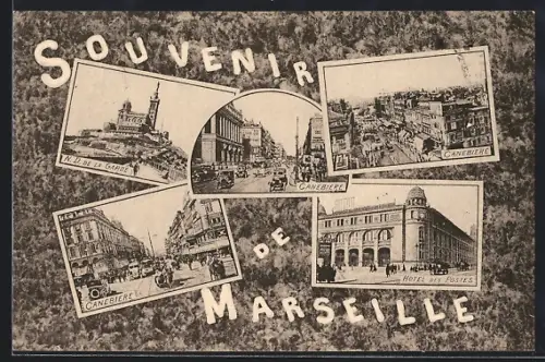 AK Marseille, Souvenir avec Vue de la Gare, Canebière et Hôtel des Postes
