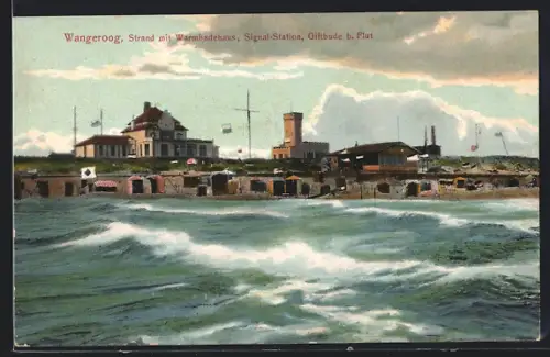 AK Wangeroog, Strand mit Warmbadehaus, Signal-Station, Giftbude bei Flut
