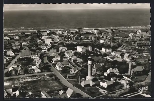 AK Wangerooge, Ortsansicht mit Leuchtturm und Kirche, Fliegeraufnahme