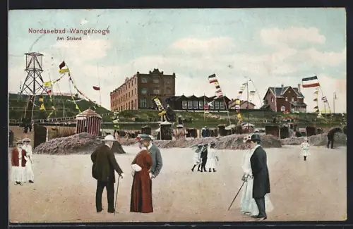 AK Wangerooge, Am Strand, Panorama mit Fahnen