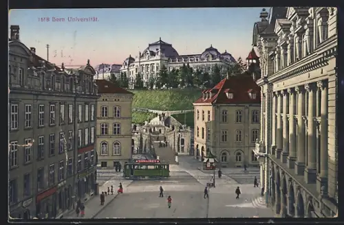 AK Bern, Ortsansihct mit Strassenbahn und Universität