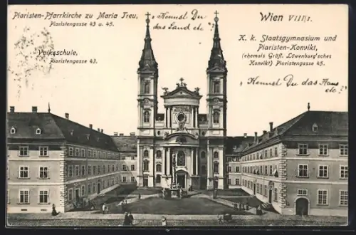 AK Wien, Piaristen-Pfarrkirche zu Maria Treu, Piaristengasse 43 u. 45, Volksschule, Piaristengasse 43