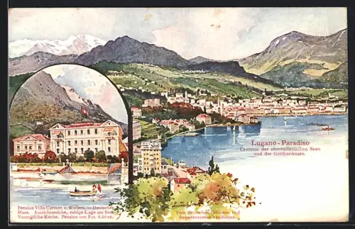 Künstler-AK Ernst Schlemo: Lugano-Paradiso, Totalansicht mit dem See und Bergen, Pension Villa Carmen u. Riviera