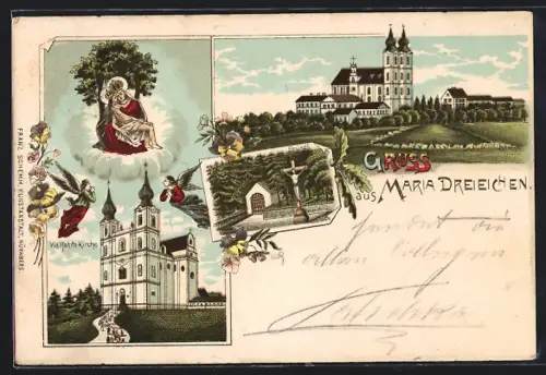 Lithographie Maria Dreieichen, Wallfahrts-Kirche mit Gnadenbild, Jesuskreuz, Ortspartie