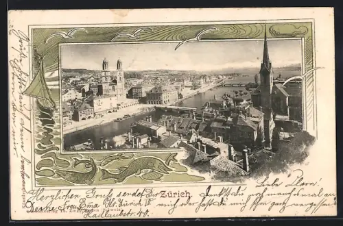 Lithographie Zürich, Stadtansicht im Passepartout mit Segelboot und Fischen