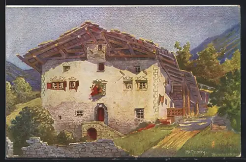Künstler-AK Scharans, Partie mit Bündner Bauernhaus