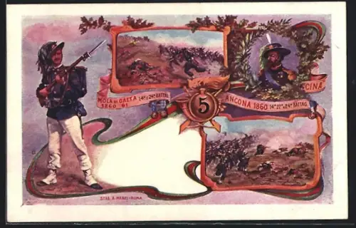 Künstler-AK Ancona, 5. Reggimento Bersaglieri, Gefechtsszenen um Mola di Gaeta und Ancona, Infanterist mit Gewehr