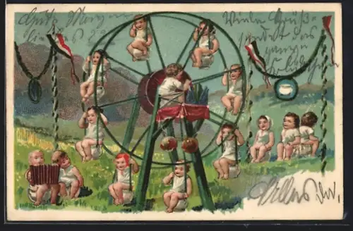 AK Kleine Kinder auf Nachttöpfen im Riesenrad, Toilettenhumor