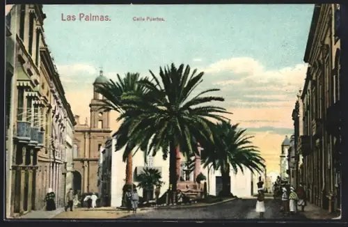 AK Las Palmas, Calle Puertes, Strassenpartie mit Kindern und Palmen