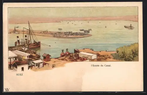 Lithographie Suez, l`Entrée du Canal