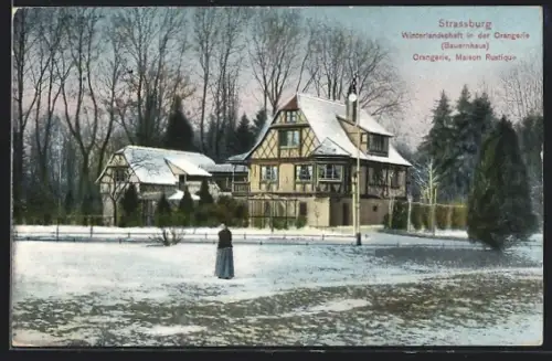 AK Strassburg, Winterlandschaft in der Orangerie (Bauernhaus)