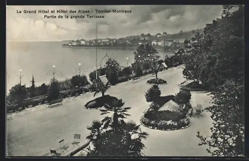 AK Territet-Montreux, Le Grand Hôtel et Hôtel des Alpes, Partie de la grande Terrasse