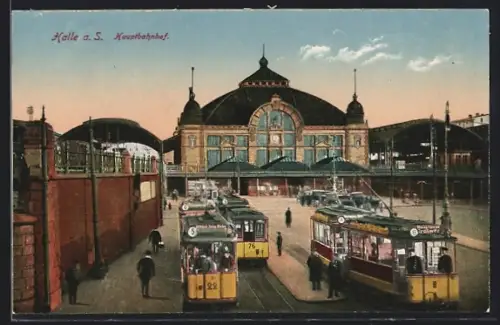 AK Halle a. S., Hauptbahnhof mit Strassenbahn