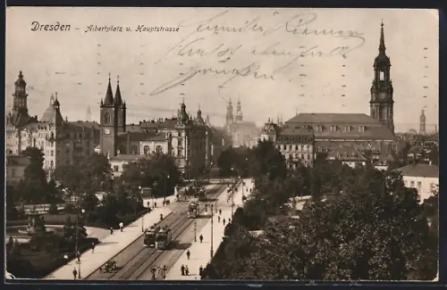 AK Dresden, Albertplatz und Hauptstrasse mit Kirche und Strassenbahn