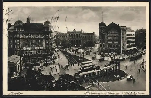 AK Berlin-Tiergarten, Potsdamer Platz mit Verkehrsturm und Strassenbahn