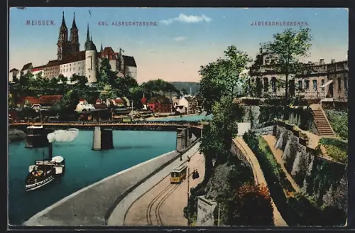 AK Meissen, Strassenbahn, Kgl. Albrechtsburg, Jägerschlösschen, Dampfer