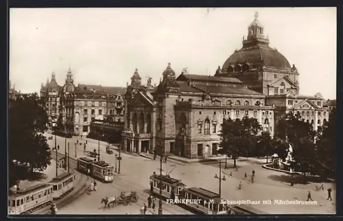 AK Frankfurt a. M., Schauspielhaus mit Märchenbrunnen und Strassenbahn