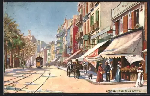 Künstler-AK Cannes, Rue Felix Faure, Strassenbahn