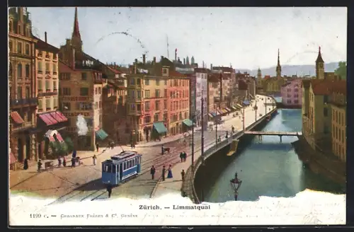 AK Zürich, Limmatquai mit Strassenbahn