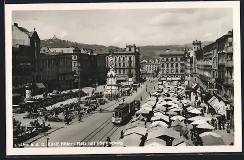 AK Linz /Donau, Platz mit Pöstlingberg, Strassenbahn
