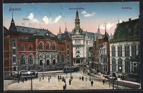 AK Bremen, Strassenbahnen, Baumwollbörse und Schütting