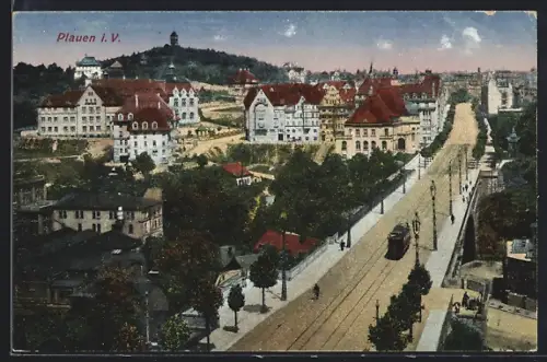 AK Plauen i. V., Ortsansicht aus der Vogelschau, Strassenbahn