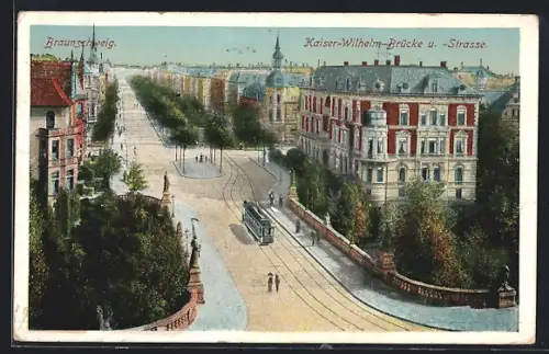 AK Braunschweig, Kaiser-Wilhelmbrücke und -Strasse, Strassenbahn