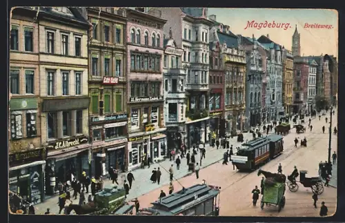 AK Magdeburg, Breite Weg-Strasse, Strassenbahnen