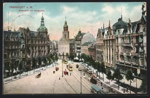 AK Frankfurt a. M., Rossmarkt mit Neubauten und Strassenbahnen