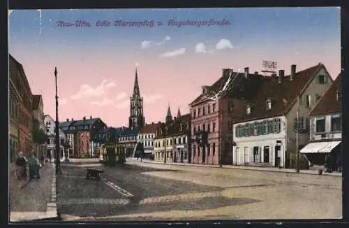 AK Neu-Ulm, Ecke Marienplatz & Augustusburgerstrasse, Strassenbahn