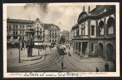 AK Magdeburg, Rathaus mit Kaiser Otto-Denkmal und Strassenbahn