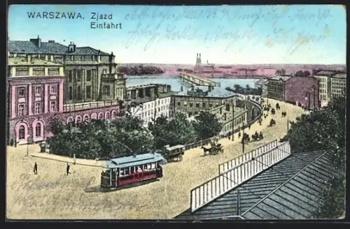 AK Warschau-Warszawa, Teilansicht mit Strassenbahn