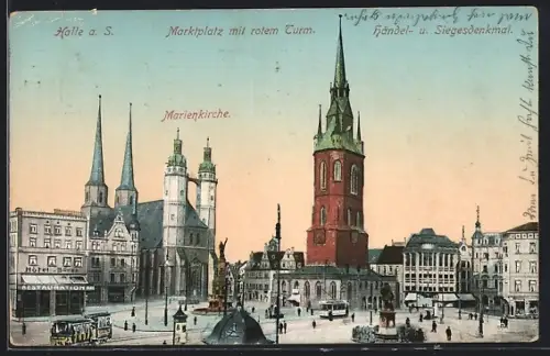 AK Halle / Saale, Marktplatz mit rotem Turm, Marienkirche und Händel- und Siegesdenkmal, Strassenbahn