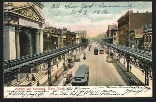 AK New York, Bowery an Elevated, Strassenbahn, Hochbahn, Bank