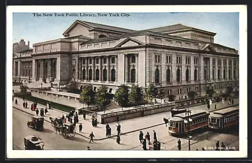AK New York City, The New York Public Library, Strassenbahn