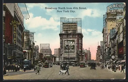 AK New York, NY, Broadway North from 45th Street with tramways, Strassenbahn