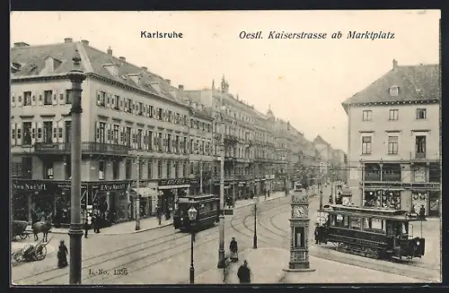 AK Karlsruhe, Strassenbahnen in der östl. Kaiserstrasse, Wettersäule