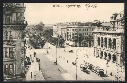 AK Wien, Opernring mit Strassenbahnen aus der Vogelschau