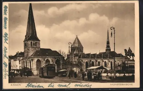 AK Essen, Strassenbahn vor der Münsterkirche
