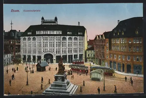 AK Essen, Kopstadtplatz mit Strassenbahnen und Denkmal