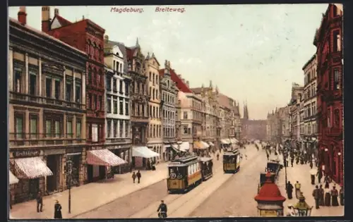 AK Magdeburg, Strassenbahn auf dem Breiteweg, Litfasssäule, Passanten