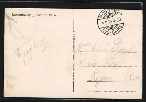 AK Luxembourg, Place de Paris, Strassenbahn