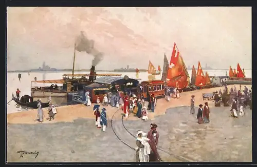 Künstler-AK Lido di Venezia, Piazzale S. Maria Elisabetta, Hafen mit Strassenbahn